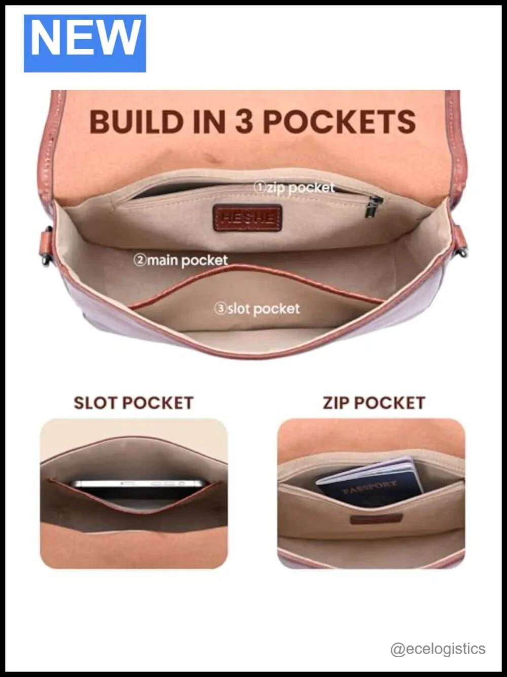 Genuine Leather Crossbody Bag for Women Adjustable Straps Flap Closure Satchel